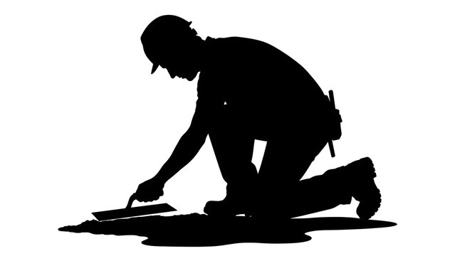 Silhouette of worker measuring wood white background.