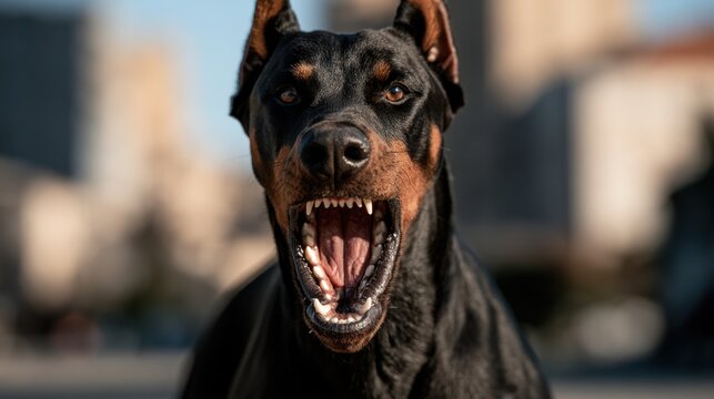 Close-up of aggressive black and brown dog with open mouth and sharp teeth showing defensive or threatening behavior in urban outdoor environment