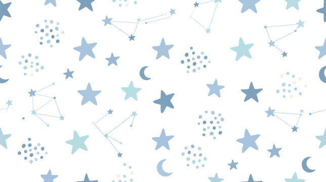 Seamless blue star pattern featuring celestial motifs for decorative background design.