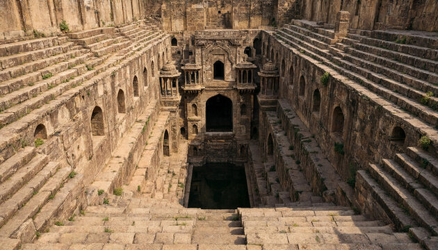 Ancient stone stepwell architecture with symmetrical stairs leading down to a dark water pool in a historic indian monument with carved walls