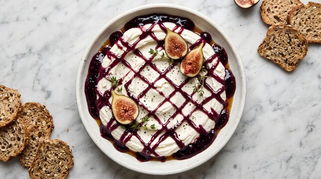 A round ceramic plate featuring baked cheese topped with sweet fig jam and fresh fig slices accompanied by assorted crackers on a marble surface