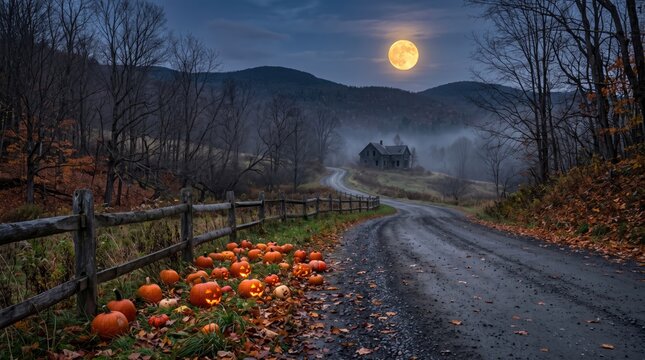 Jack-o'-lanterns lining a rural road during a foggy autumn night with a full moon overhead