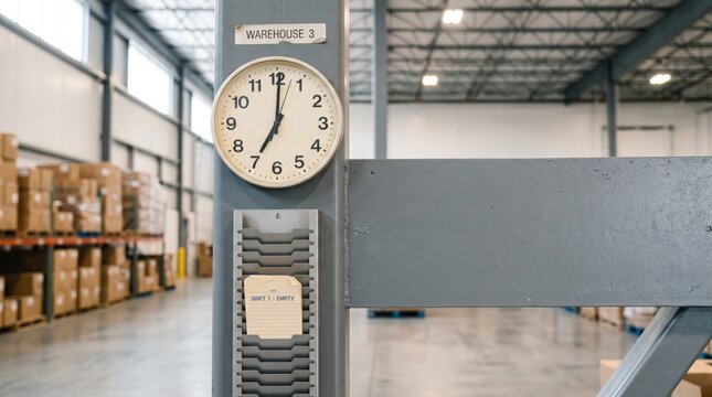 Industrial clock on metal support beam in empty warehouse