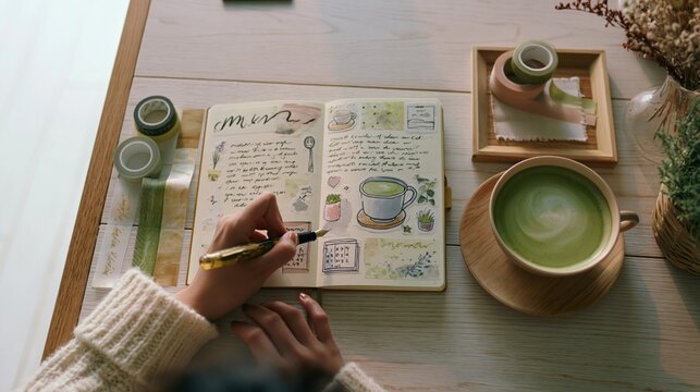 Young woman writing in a creative bullet journal with stickers and fountain pen