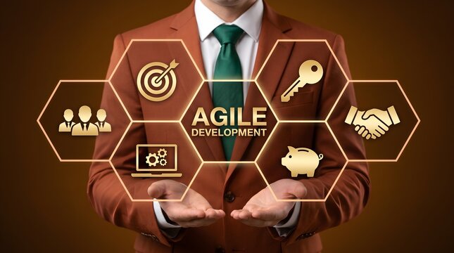 Business professional presents agile development concepts.