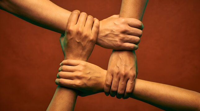 Four hands linked together showing strong unity and business teamwork.