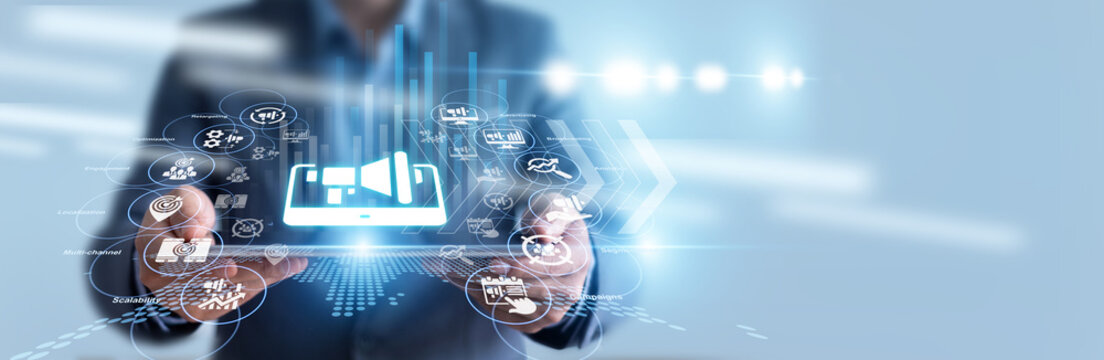 Marketing expert hold tablet and evaluates ad campaign metrics for Digital Marketing success, reviewing social media engagement charts and conversion rate trends. Targeted reach drives growth.
