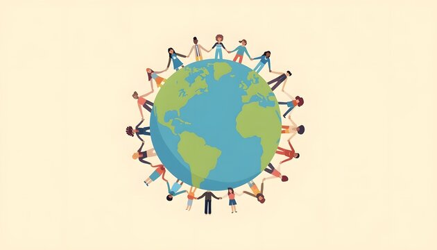Diverse people holding hands around planet earth symbolizing global unity and cooperation for a better world.