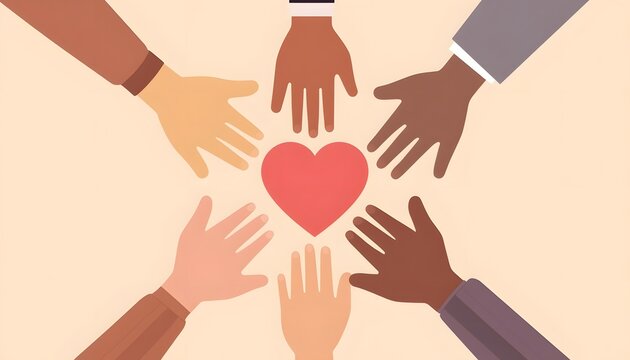 Multiple diverse hands reaching towards a central red heart symbolizing unity love and support in a community.