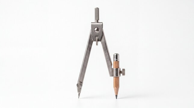 Metal geometry drafting compass tool with pencil holder isolated on white background, technical drawing school instrument photo for commercial educational design projects and digital learning portals 