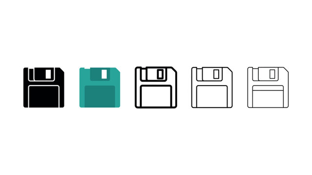 Set of five different floppy disk icons featuring flat and outline graphic design styles