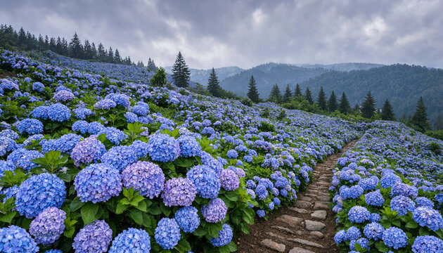 A winding stone path leading through a dense hillside covered in vibrant blue and purple hydrangea flowers under a cloudy sky and pine trees