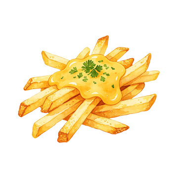 Watercolor illustration of French fries with a generous topping of melted cheese and fresh parsley
