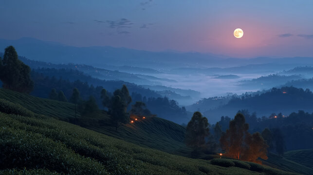 A dreamy night landscape of rolling tea plantations covered in soft mist, surrounded by layered mountain hills under a glowing full moon