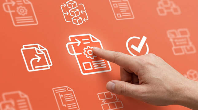 Human hand touching digital business process automation icon with document management and workflow optimization symbols on orange background.
