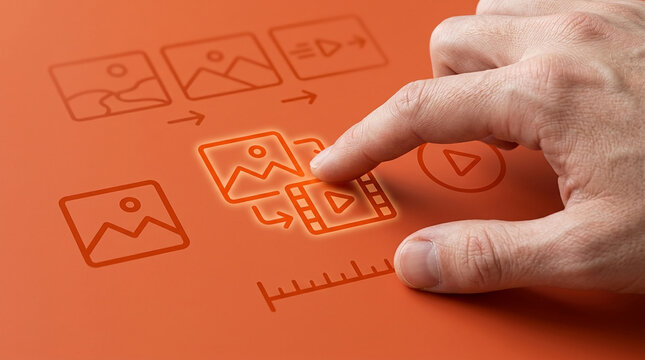 Close-up of a human hand interacting with digital multimedia icons on an orange touchscreen representing video editing and content creation workflow.