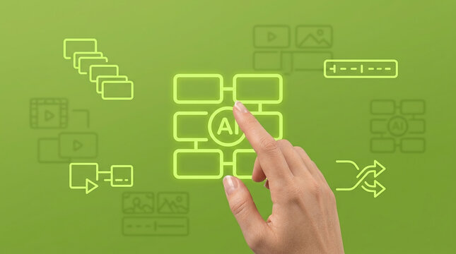 Human interaction with artificial intelligence technology through glowing neon icons representing data flow and digital automation on green backdrop.