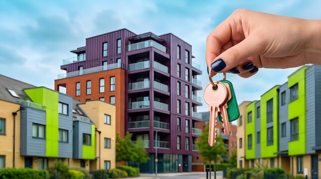 Woman's hand holding keys with modern apartment buildings behind.