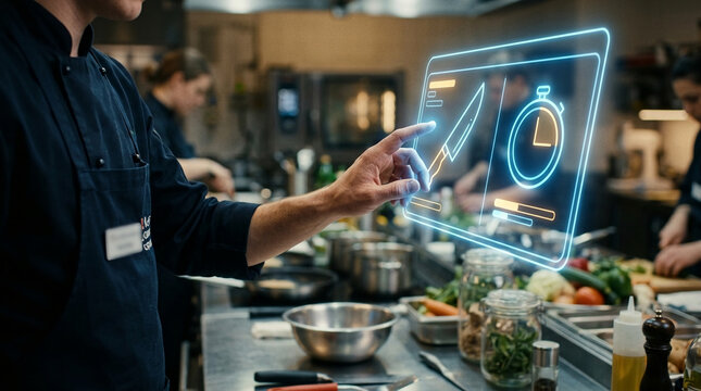 Futuristic professional chef using advanced holographic touchscreen display interface for kitchen management and recipe timing in a busy restaurant.