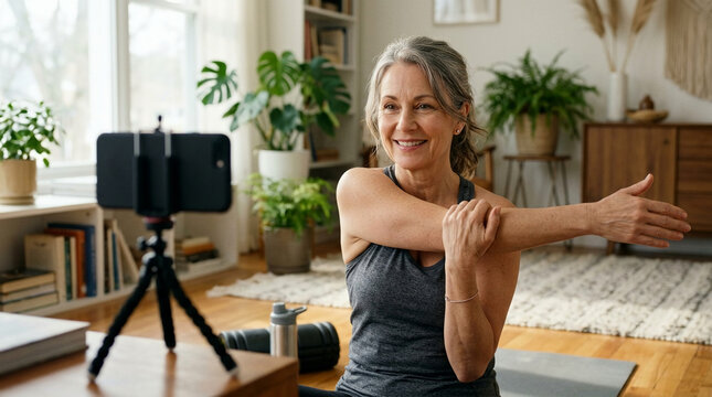 Happy Mature Woman Stretching Her Arm While Recording Her Home Workout Using a Smartphone on a Tripod in a Bright Cozy Living Room Full of Plants