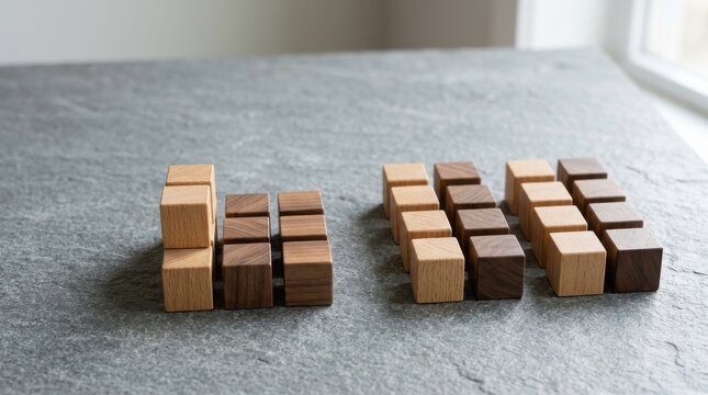 Wooden toy blocks arranged in two groups on a textured surface