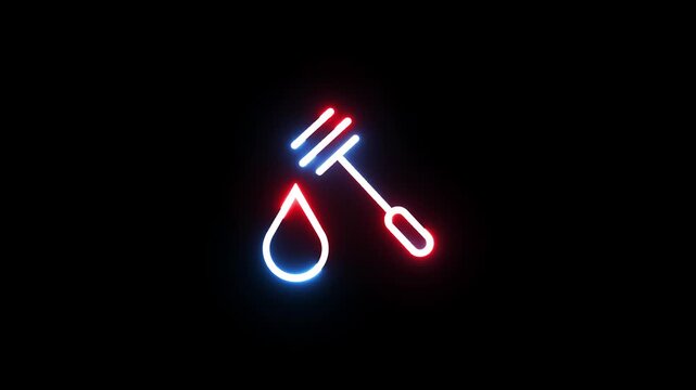 Honey dipper neon icon glowing with blue and red light pulses on black background animation