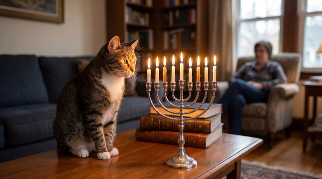 Domestic tabby cat observing a lit Hanukkah menorah on a coffee table with home interior background