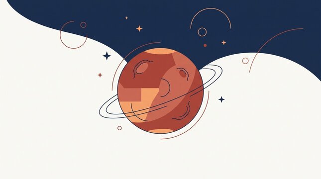 Flat Vector Illustration Featuring a Stylized Mars Planet with Orbiting Rings Surrounded by Minimalist Celestial Stars and Cosmic Design Elements