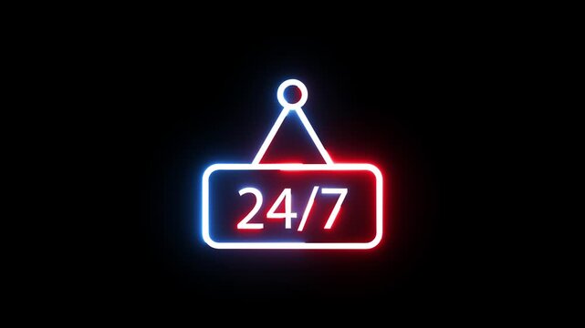 24/7 open sign glowing neon animation on black background