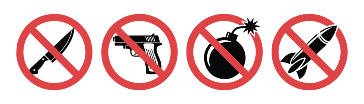 Red no weapons sign set with knife pistol bomb and rocket icons prohibiting dangerous items.