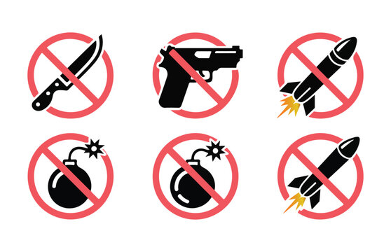 Red no weapons sign collection with knife pistol bomb and rocket icons indicating prohibited items.