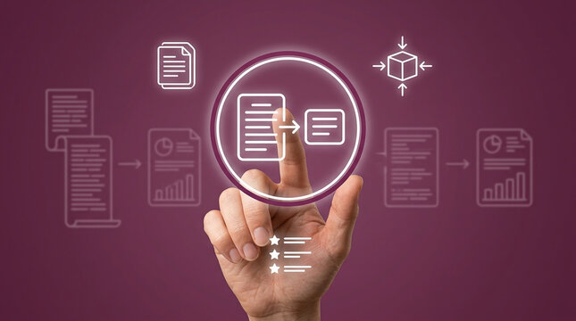 Concept of document summarization and data compression with a hand interacting with digital icons on a purple background for business efficiency.