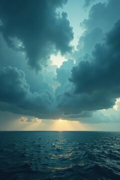 Serene Ocean Sunset Under a Dramatic, Teal-Hued Sky with Rolling Waves