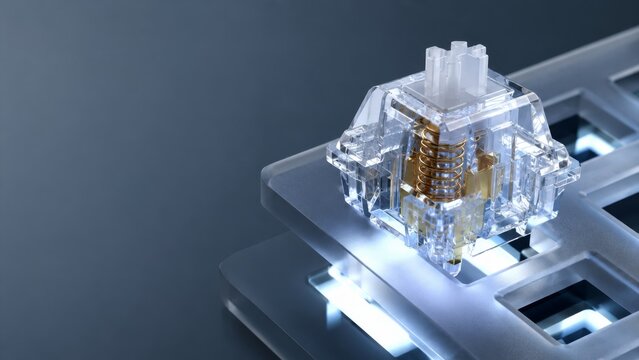 Photorealistic Transparent Mechanical Keyboard Switch with Gold Spring on Matte Polycarbonate Plate