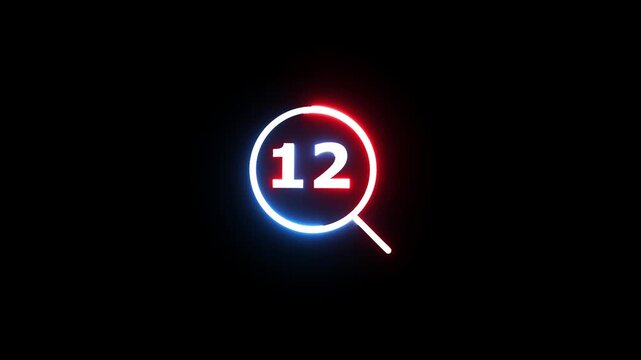 Magnifying glass with number 12 inside glows with neon light on black background