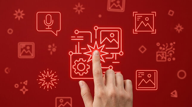 Professional hand interacting with futuristic red neon interface for generative AI photo editing and digital content production on dark background.