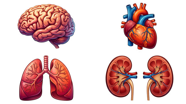 Human internal organs set including brain heart lungs and kidneys isolated on transparent background