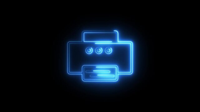 Neon blue printer icon glowing on black background for office technology digital user interface