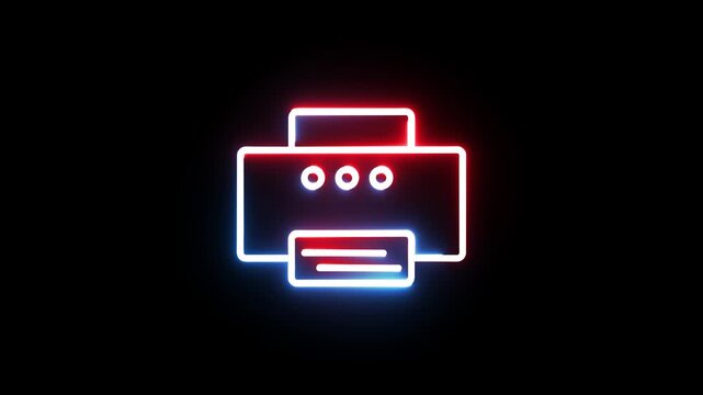 Neon printer icon with color shifting glow on black background creating high tech design
