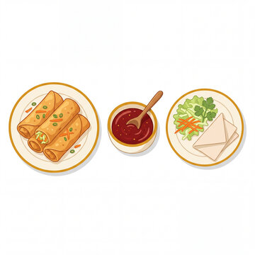 Asian food vector illustration with spring rolls dumplings and sauce