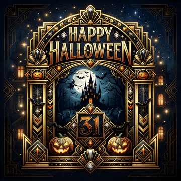 Art Deco style Halloween frame features two jack-o'-lanterns and a spooky castle scene with bats, all set against a starry night sky.