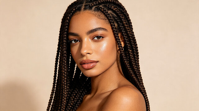 A beautiful young woman with flawless skin and long box braids posing against a neutral background. Her natural makeup highlights her features.