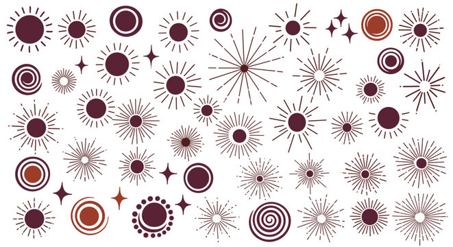 Mega set collection of varied vector designs. Hand-drawn doodle shine sunburst and sparkle ray elements with an Analog feel, mimicking hand-rendered ink on textured paper. Includes letterpress