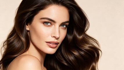 Naklejka premium High-end beauty portrait of a woman with long, voluminous brunette hair, radiant skin, and subtle makeup, posed against a neutral background.