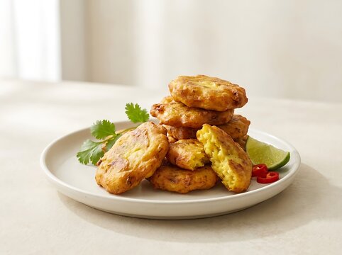 Stack of delicious fried vegetable patties served on a small plate with fresh herbs and lime. Plantain fritters
