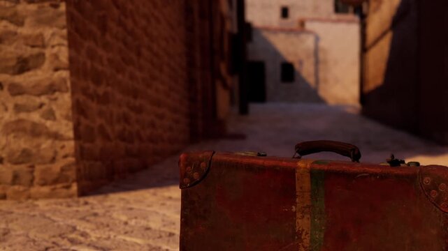 A worn suitcase rests in an alley with stone walls. The sun sets, casting shadows. The street is quiet and empty. It suggests a journey or a story untold.