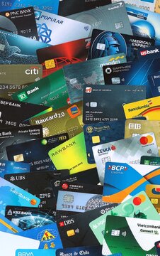 KYIV, UKRAINE - 22 AUGUST 2026 Many specimen credit and debit cards for banking from various banks