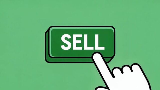 A digital illustration of a finger pressing a green button labeled with the word sell.  Animated Cartoon Text