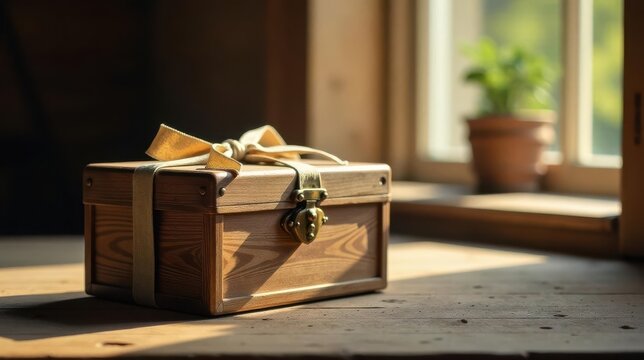 A sunlit wooden keepsake box tied with a delicate ribbon sits on a rustic table near a window, a symbol of cherished memories and heartfelt gifts
