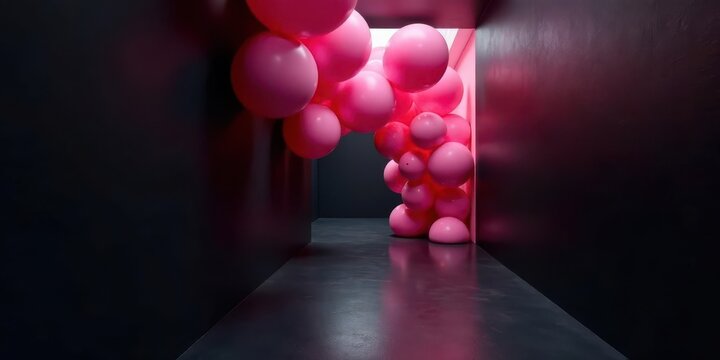 Pink spheres cascade down a dark corridor, creating an abstract and alluring passageway.